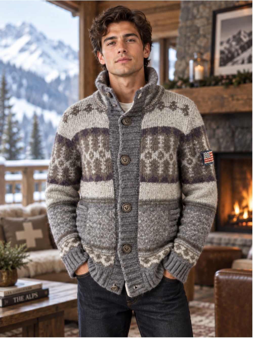 True Religion Cardigan Menโs L Chunky Knit Fair Isle Y2K Apres Ski Grandpacore